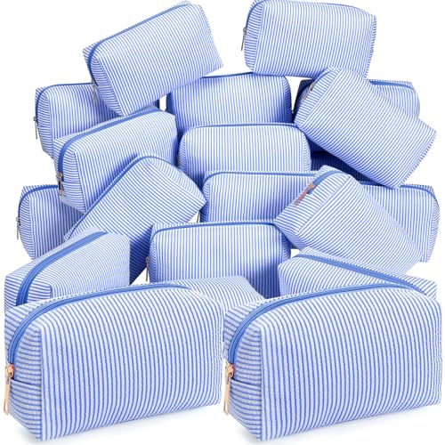 Sanwuta 20 Pcs Seersucker Cosmetic Bags Bulk, Striped Zippered,Blue | Makeup Bags Women Pouch, Large Preppy Storage Toiletry Travel Pouch for Wedding Bridesmaid Bride Favor Back to Teacher Gift - color: Blue