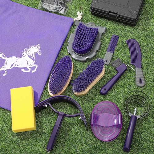 Abbylike 12 Pieces Horse Grooming Kit Racing Festival Tack Room Supplies Horse Brush Sets Equine Care Cleaning Kit Shedding Grooming Massaging Tools(Gray and Purple) - color: Gray and Purple