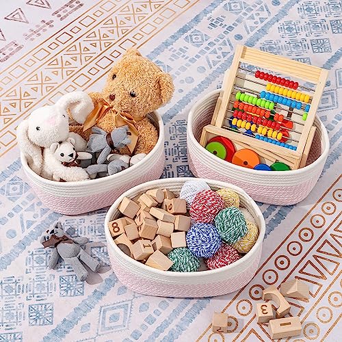 CubesLand Rectangle Woven Cotton Rope Storage Basket for Organizing | Small Basket for Kids, Baby Nursery, Cat Dog Toy Baskets, Organizer Bins for Shelves 3 Packs - color: Off White/Mixed Pink, size: 3pcs-small basket