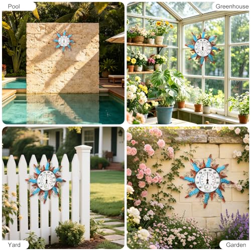 Sun Outdoor Thermometer Waterproof Wall Thermometer for Patio Garden Yard | Equipped with a Hygrometer, No Batteries Required, Dual-Scale Dial with Big Numbers, 13 Inch, Ideal Indoor & Outdoor Decor