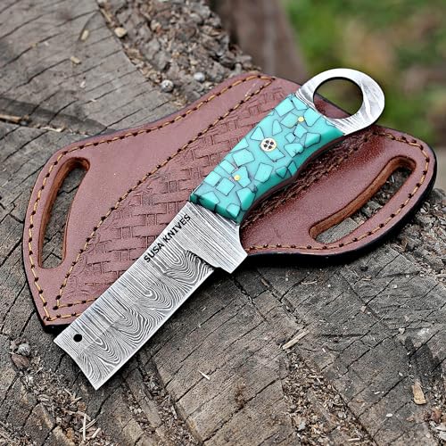 Custom Handmade 7'' fixed blade hoof rasp knife/Cow boy knife/Damascus steel Bull cutter cowboy knives with pancake leather sheath (SUSA 113) - color: SUSA 113