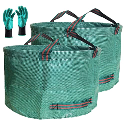 Standard 2-Pack 46 Gallon Lawn Garden Bags (D26,H19 in) Yard Waste Bags W/Gardening Gloves for Leaf Bag,Yard Debris,Trash Container,Recycling Bin,Camping Waste Bin,Grass Clippings,Weeds Bag 4 Handles
