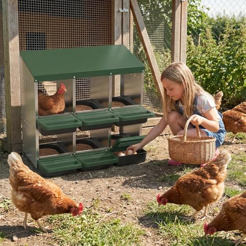 6-Compartment Chicken Nesting Box, Heavy Duty Galvanized Steel Poultry Nest Box, Wall Mount/Freestanding Design for Hens, Ducks, Backyard Homesteads & Farm Use, Green, with Soft Mats, No Stand - color: Green, size: 6 Room&Mat Board