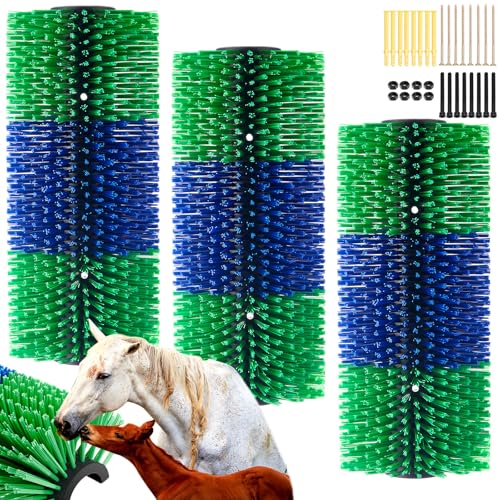 3 Pack Livestock Scratching Brush, Blue and Green | Animal Scratcher, Itch Relief Grooming, Horse Goat Cow Scratcher, Fence Post Mounting, Durable Bristles, Farm Livestock Care - color: Blue and Green