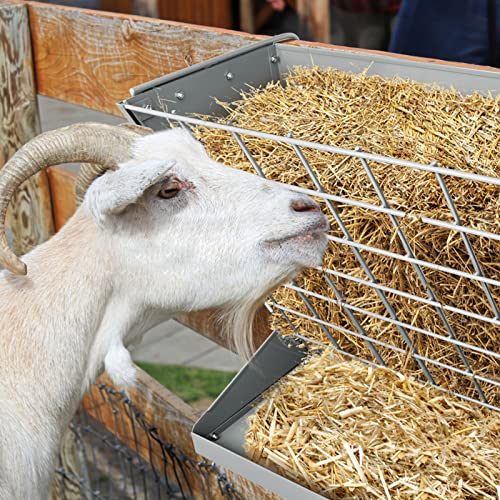 Wall Mount Hay Rack, Metal 2 in 1 Hay and Grain Feeder | Goat Hay Feeder,Livestock Feeder with Adjustable Distance, Hay Feeder for Goats, Sheep, Horse - color: Silver
