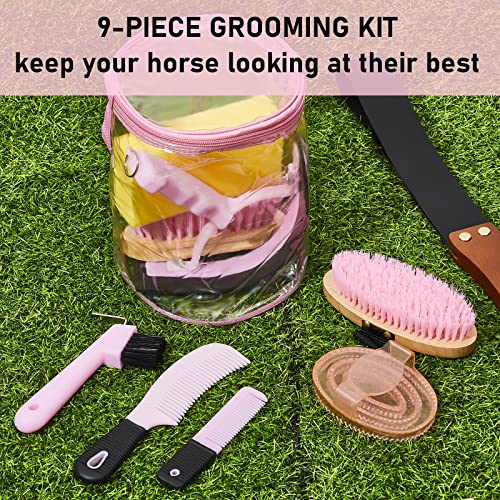 Cunhill 9 Pcs Horse Grooming Kit Tack Room Supplies Set with Tote Bag, Oval Massage Curry, Hard and Soft Brush, Hoof Pick, Sweat Scraper, Bathing Sponge, Comb for Horse Rider(Cute,Pink) - color: Pink, style: Cute