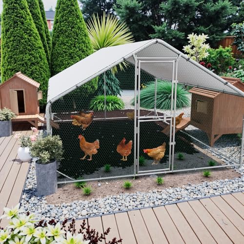Large Metal Chicken Coop Runs for Yard with Cover, 10x6.5x6.5 | Perch Bars, Split Doors, Waterproof Covers, Mesh Wire - size: 118.1"L x 78.7"W x 78.7"H