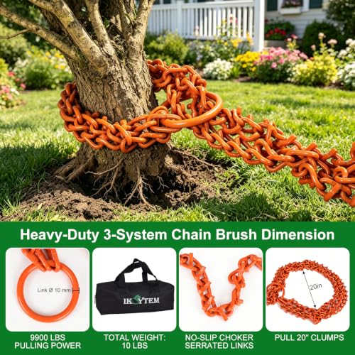 9900lbs G70 Steel Brush Puller, 5.6ft x15/64 Clump Grubber Choker Chain with Serrated Link, Uproots 20" Tree Root, Buckthorn Willow Removal Tool for ATV UTV Tractor, Neon Orange, Storage Bag