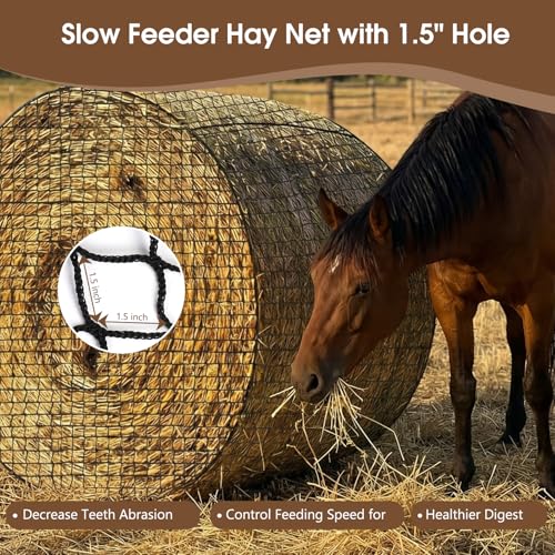4x4 Ft Round Bale Hay Nets for Horses, Heavy Duty Slow Feed Hay Net | 1.5" Holes Large Nylon Hay Net Slow Feeder Nets with Net Repair Tool, UV Resistant Horse Hay Net for Horse Cattle Cow Sheep