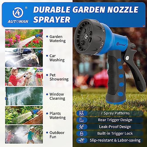 AUTOMAN-Garden-Hose-Nozzle,ABS Water Spray Nozzle with Heavy Duty 7 Adjustable Watering Patterns,Slip Resistant for Watering Plants,Lawn& Garden,Washing Cars,Cleaning,Showering Pets - Blue - color: Blue