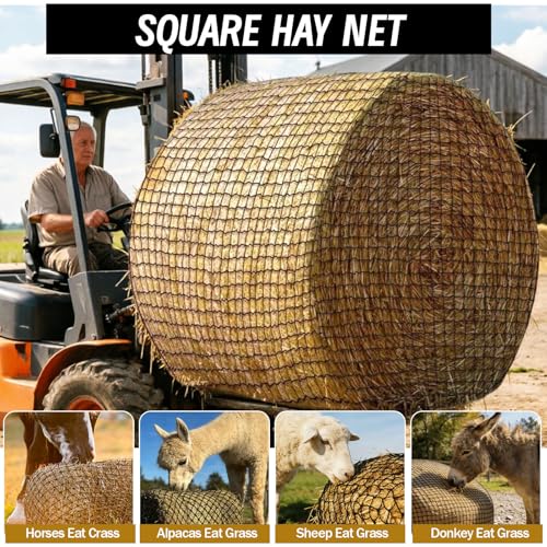 Heavy Duty Slow Feed Hay Net for Horses, 5x5x5 Ft Round Bale Hay Feeder Net | 1.5 Inch Knotless Mesh Weather Resistant Feeding Net to Reduce Hay Waste for Stable, Pasture & Farm Livestock - size: 5x5 Ft