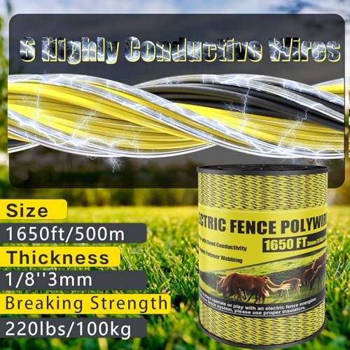 Upgrade Electric Fence Polywire 1650FT,500 Meters, 6 Stainless Steel Strands for Reliable Conductivity, Portable Electric Fencing, UV Resistant, Rust Resistant, Highly Conductive, Easy to Install - size: 1650 Feet