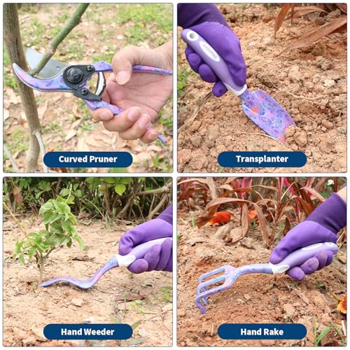 Purple Garden Tools Set 10 Pieces, Gardening Gifts for Women | Aluminum Alloy Steel Hand Tool Kit w/Non-Slip Ergonomic Handle, Floral Print Garden Supplies Organizer Handbag, Gardening Set - color: purple