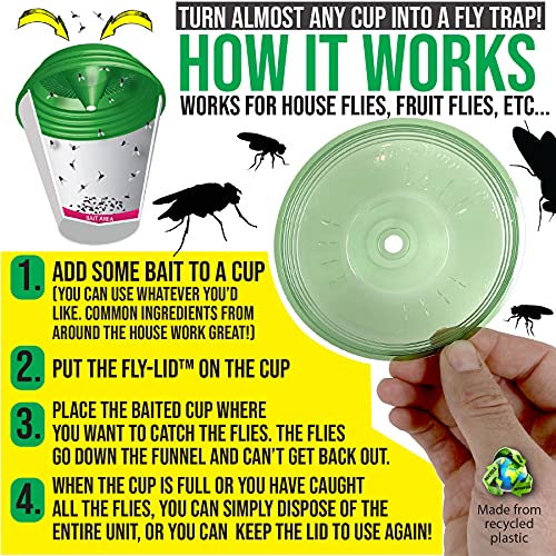 Billy-Bob Fly Lid - Turn Almost Any Cup Into A Fly Trap. Indoor and Outdoor Use - 3 Lids per Pack, 6 Lids Total. Great for Fruit Flies and House Flies!