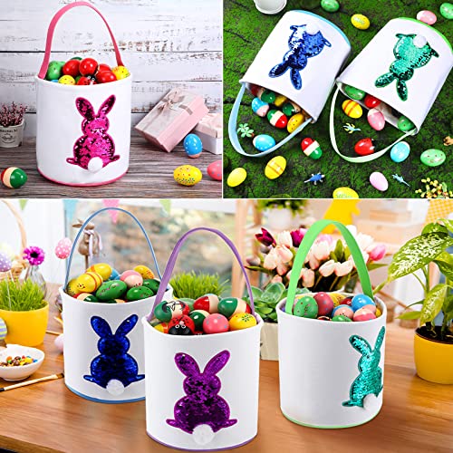4 Pcs Easter Basket Bags Canvas Bunny Basket Egg Bag Bunny Tote Bag Easter Eggs Hunt Bucket Rabbit Fluffy Tails Party Celebrate Toys Carry Candy Egg Bucket Rabbit Print Buckets for Gift Sets - style: Paillette Bunny