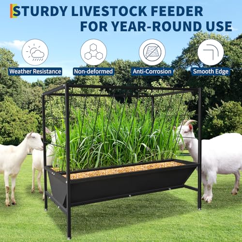 GarveeLife Pasture Hay Feeder 45 Gallon, Heavy Duty Steel 2-in-1 Livestock Feeder, Hay Grain Feeding Trough with 24 Gallon Feed Pan, Livestock Feeder for Sheep, Calf, Cow and Horse, Black