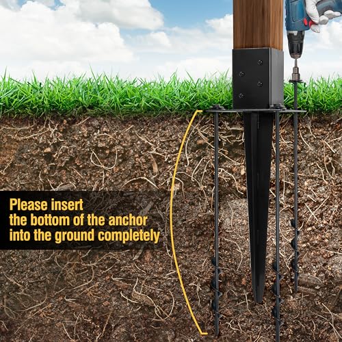 LADECH 4x4 Fence Post Anchor Ground Spike 24” Length with Ground Anchors Screw in - Metal Black Powder Coated – Mailbox Post Anchors – Fit 3.5x3.5 Standard (Black - 1 Pc)