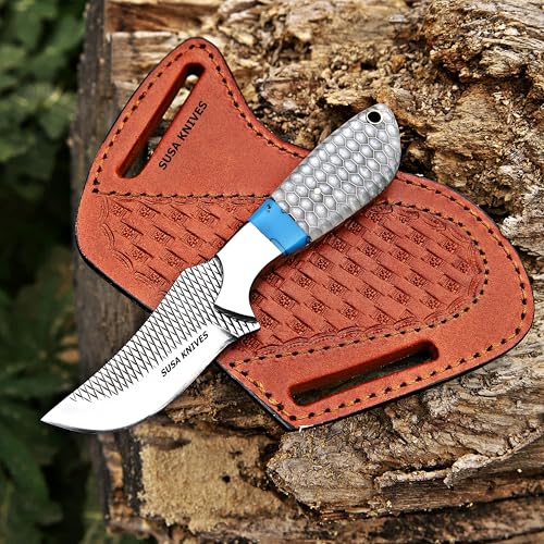 Custom Handmade 7'' fixed blade hoof rasp knife Cow boy knife Turquoise Handle Damascus steel Bull cutter, cowboy knives with pancake leather sheath (WHITE HONEY COMB) - color: WHITE HONEY COMB