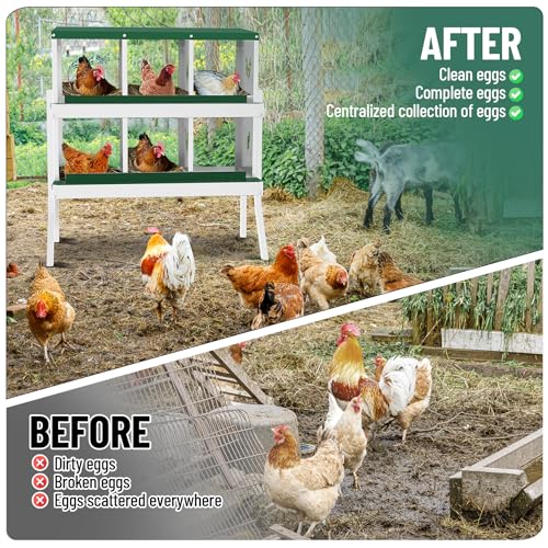 GarveeLife Nesting Boxes for Chickens, 6 Compartment Chicken Nesting Box with Metal Legs, Metal Chicken Laying Boxes with Perch, Secure Lid, Versatile Wall Mount or Free Standing for Hens, Green