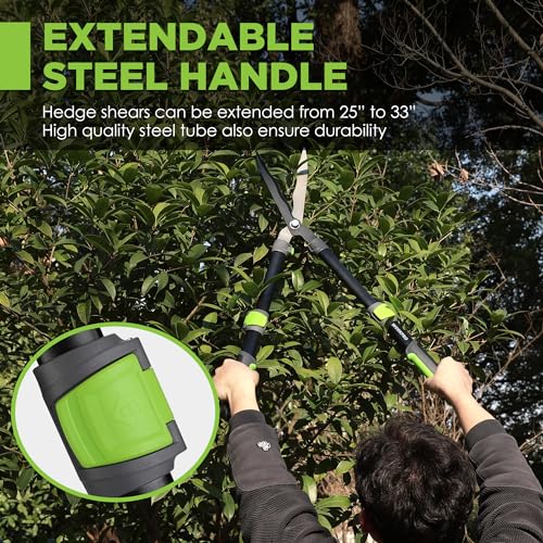 WORKPRO Extendable Hedge Shear, 25"-33" Manual Hedge Clipper/Bush Cutter | Gardening Shears with Steel Wavy Blade, Shock Absorbing Bumper, Ergonomic Handle for Pruning Borders & Shrubs - size: 25"-33"