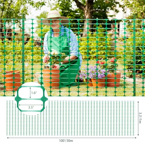 Garden Fencing, Plastic Fence Roll, Temporary Fence, Snow Fence, 3.3 x 100 FT Animal Barrier Fencing with Stakes