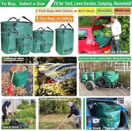 Standard 2-Pack 32 Gallon Lawn Garden Bags Big (D18,H30 in) Yard Waste Bags W/Gardening Gloves for Leaf Bag,Grass Clippings,Yard Debris Bin,Camping Trash Container,Recycling Bin,Laundry Bag 4 Handles