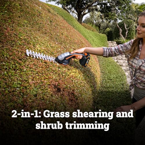 WORX Cordless Grass Shear & Shrub Trimmer, 20V with Extension Pole, WG801.4 | 20V 4" Grass Shear & 8" Shrub Trimmerblades; lightweight 2-lb; extension pole 2.0A battery & chargerincluded; PowerShare. - style: 8" 20V Shrubber Trimmer w/4" Grass Shear/(1)2.