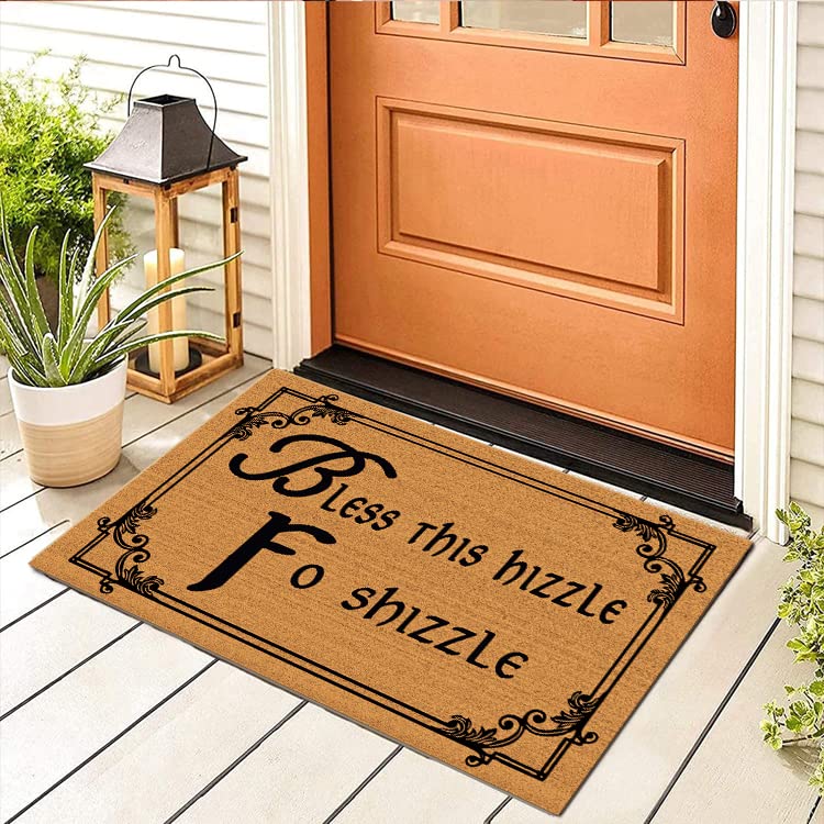 Assaoy Funny Doormat Bless This Hizzle Fo Shizzle Welcome Mat Non-Woven Fabric Top with a Anti-Slip Rubber Back.Door Mat for Entrance Way 23.6 X 15.7 in - color: Welcome