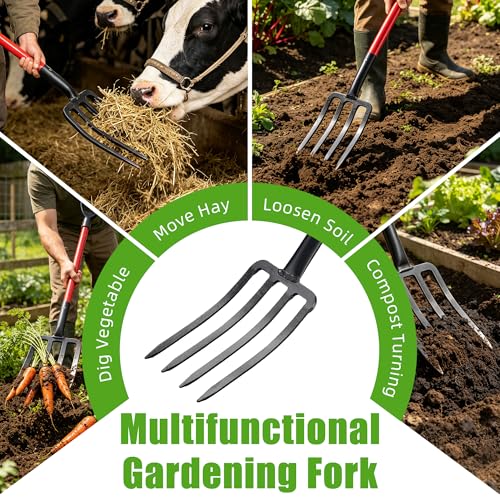 Pitch Fork for Hay, Heavy Duty Pitchfork for Garden, Metal Broadfork Yard Garden Tools Long Handle for Gardening Digging, Mulching 43 inch
