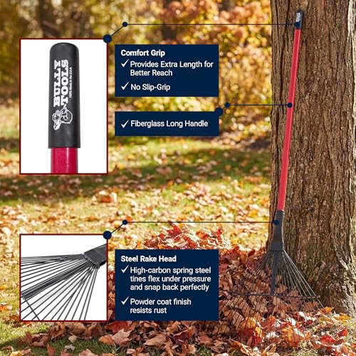 24-Tine Thatching Garden Rake for Leaves | Heavy Duty Metal Leaf Rake | Dethatching Large Leaves and Yard Debris, 23.5" Wide 68" Fiberglass Long Handle Rakes for Gardening 100% Made in USA | 23.5" Wide, Heavy Duty Metal Leaf Rake for Gardening, Dethatchin