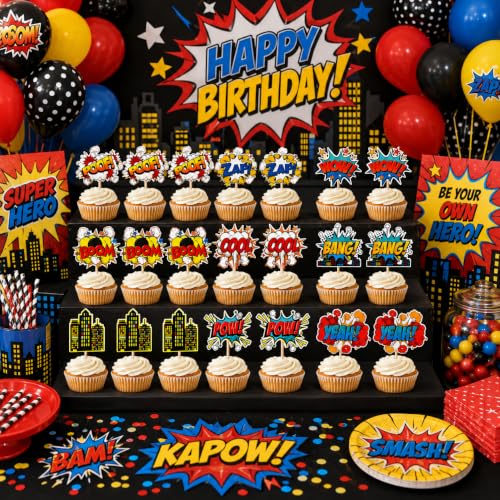 36 PCS Hero Cupcake Toppers | Hero Decorations Smash Crash Pow Picks for Hero Theme Birthday Party Cake Decor Supplies