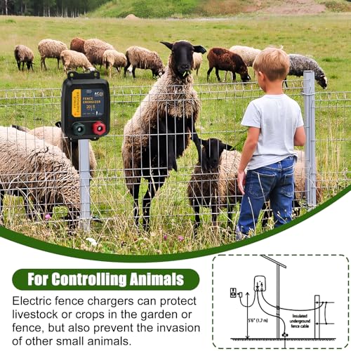 PE5 Electric Fence Charger for Livestock Containing Pets and Animal Control-5 Miles/ 20 Acres AC Powered 120 Volt (with Aluminum Wire) 0.20 Joule - size: PE5 with wire