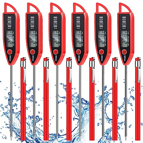 6 Set Digital Food Thermometer Long Probe Instant,Red | Waterproof for Water Liquid Candle, Instant Temperature Read for Kitchen BBQ Grill Candy Meat, Foldable Probe Thermometer - color: Red