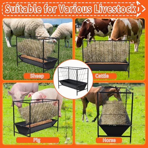 Yahpetes Pasture Hay Feeder 2 in 1 Goat Feeder 69 Gallon Capacity Livestock Rack 42.9''L X 20.5''W Hay Grain Livestock Feeder with V-Shaped Top Rack & Feed Pan for Sheep Farms Sheds