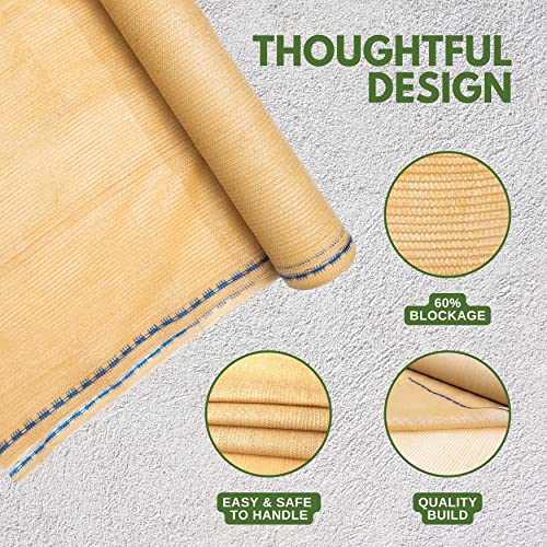 5'10" x 100 FT 60% Shade Cloth Roll Tan | Green HDPE UV Resistant Breathable Eyelets Sun Protection for Greenhouse Garden Fence Pergola Patio Flower Plant Kennel - size: 5'10"x100ft - 60% - Tan