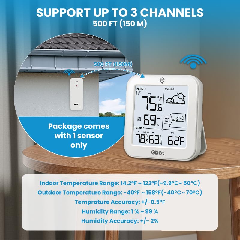 Indoor Outdoor Thermometer Wireless 500 FT Outdoor Thermometer with Sensor | Battery Powered Weather Station, 3.8" LCD Display Temperature Humidity Monitor with Backlight Max Min Dew Point Pressure - color: White-Large