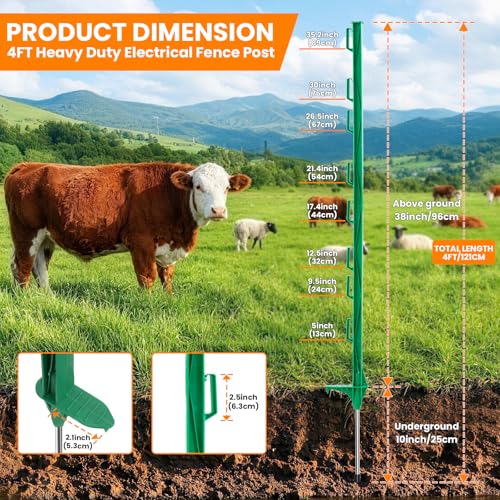 25 Pack Electric Fence Posts, 48 Inch (4 FT) Temporary Plastic Step-in Fence Post for Electric Fencing and Yard Protection