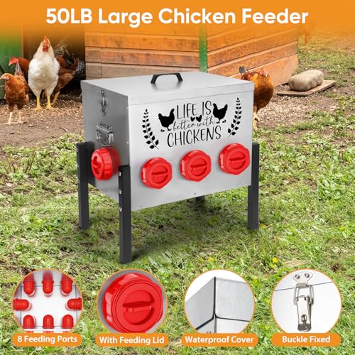 ‎Tgeyd 50LB Large Automatic Chicken Feeder – 8 Feeding Ports, No-Waste Poultry Feeder, with Adjustable Legs & Locking Lid - color: Cockscomb Red
