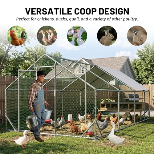 Metal Chicken Coop 26x10x6.56ft Extra Large Walk-in Poultry Cage for 20-40 Chickens Chicken Run Hen Rabbit Duck House with Waterproof Cover for Outdoor Farm Use - size: 312.0"L x 120.0"W x 78.7"H