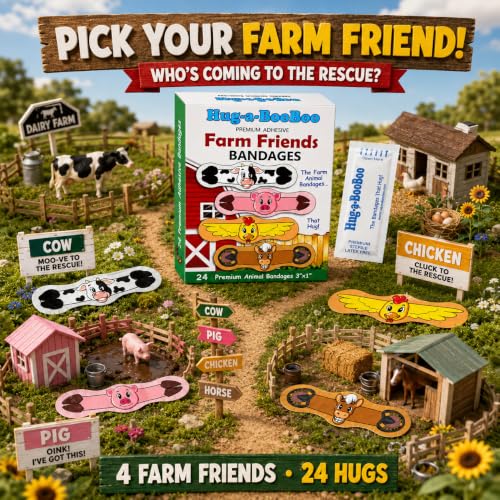 Farm Friends Hugging Farm Animal Adhesive Bandages from Hug-a-BooBoo, The Amazing Bandages that Hug! Super Fun Hugging Cow, Horse, Pig and Chicken! 24 Ct Box - size: 24ct, style: Farm Friends