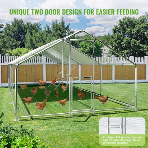 Large Metal Chicken Coop Runs for Yard with Cover, 10x26x6.5 | Perch Bars, Split Doors, Waterproof Covers, Mesh Wire - size: 315.0"L x 118.1"W x 78.7"H