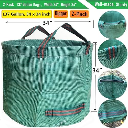 Professional 2-Pack 137 Gallon Lawn Garden Bags Large (D34,H34 inch) Yard Waste Bags with Gardening Gloves, Big Leaf Bag,Yard Debris,Waste Container,Lawn Trash Bin,Grass Clippings,Weeds Bags 4 Handles - size: 1 Count (Pack of 2)