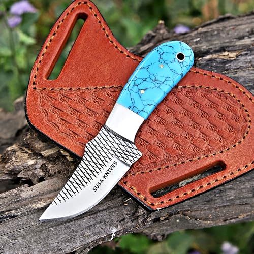 Custom Handmade 7'' fixed blade hoof rasp knife Cow boy knife Bull cutter Cowboy knives with Turquoise Handle pancake leather sheath (Turquoise BLUE) - color: Turquoise BLUE