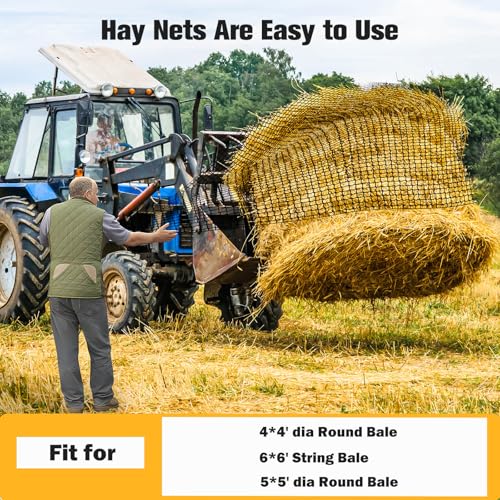 6x6ft Round Bale Hay Net for Horses - Large Size Thick & Durable, Black Nylon Net with 1.75 inch Holes - Square Slow Feed Hay Nets for Horses and Goats - Healthier Feeding Solution.