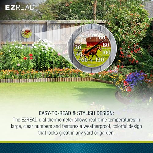 EZREAD Hanging Dial Thermometer - Weather Thermometers for Indoor and Outdoor Use, Large 12.5 Inch Diameter, Easy-to-Read Numbers, Horse and Foal - color: Horse and Foal