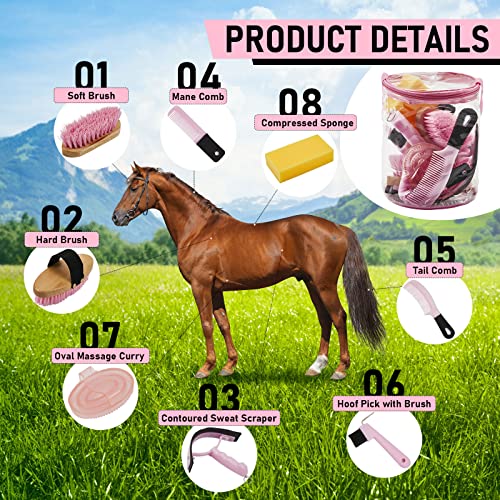 Cunhill 9 Pcs Horse Grooming Kit Tack Room Supplies Set with Tote Bag, Oval Massage Curry, Hard and Soft Brush, Hoof Pick, Sweat Scraper, Bathing Sponge, Comb for Horse Rider(Cute,Pink) - color: Pink, style: Cute