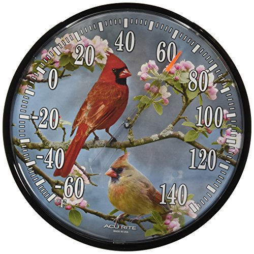 AcuRite 01597 12.5-Inch Wall Thermometer, Cardinals | Battery-Free Mechanical Coil with -60°F to 120°F Range, Weather-Resistant Decorative Wall Design