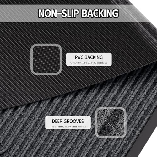 Front Door Mat, 3' x 5' Heavy Duty Door Mat Outside Entrance, Non-Slip Welcome Mat, Absorbent & Dirt Resistant, Low Profile Large Door Mats, Commercial Rugs for Entryway Indoor Outdoor, Grey - color: Grey Striped, size: 3' x 5'