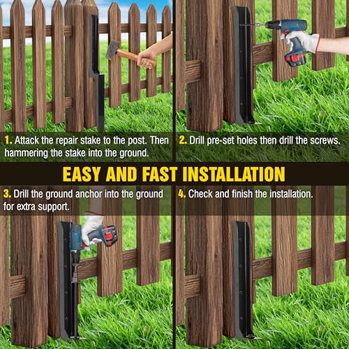 LADECH Heavy Duty Steel Fence Post Repair Stakes with Ground Anchor Screw in, Fix Anchors Ground Spike for Fence Posts, Repair Tilted/Broken Wood Posts (Black - 4 Pcs)