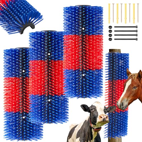 3 Pack Livestock Scratching Brush, Blue and Red | Animal Scratcher, Itch Relief Grooming, Horse Goat Cow Scratcher, Fence Post Mounting, Durable Bristles, Farm Livestock Care - color: Blue and Red